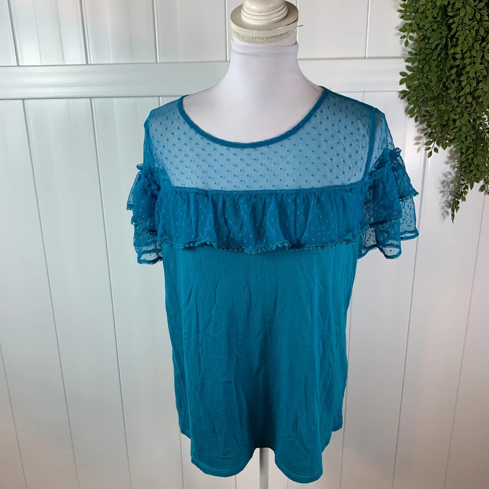 Lane Bryant Blue Mesh Polka Dot Blouse Womens Plus Size 14/16